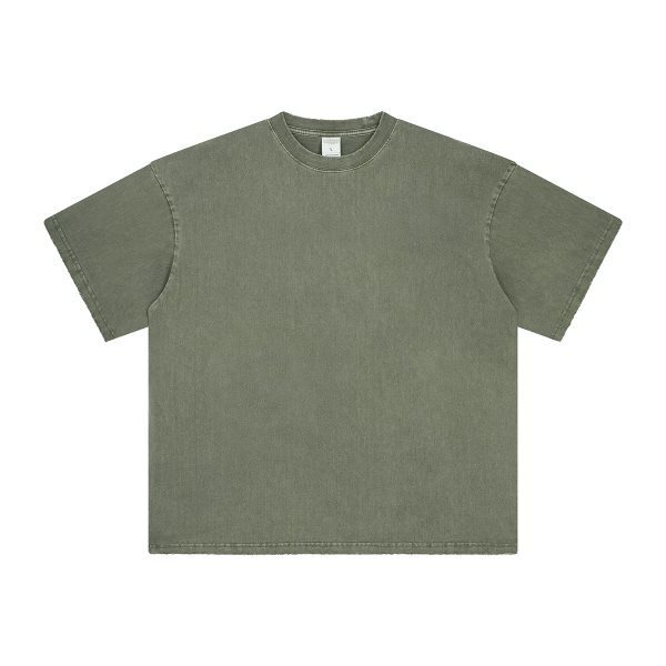 2024-1-260021.jpg(4BE47).jpg Basic distressed short-sleeved shirt with frayed edges and washed finish (green) - 图片 1