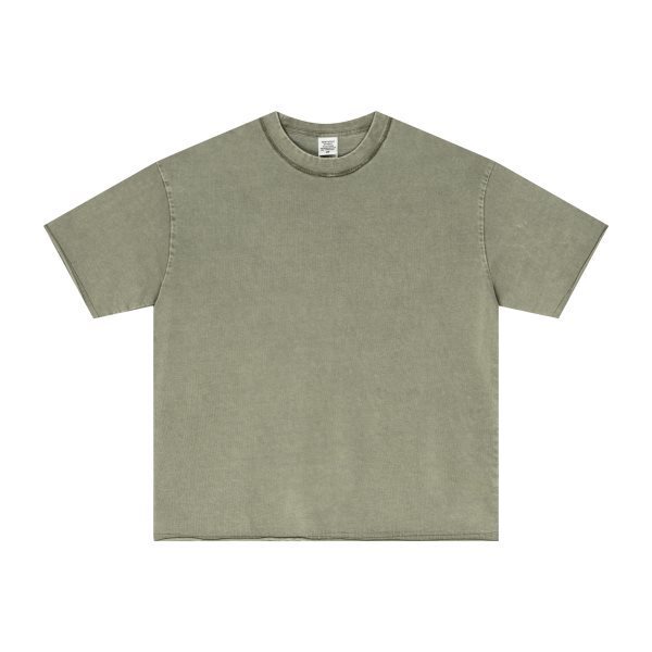 灰绿色.jpg(237FA).jpg 275G frayed edge green pattern washed top short sleeve(gray-green) - 图片 1